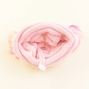 Pink knit winter hat for girls with colorful gradient faux fur double pom-poms