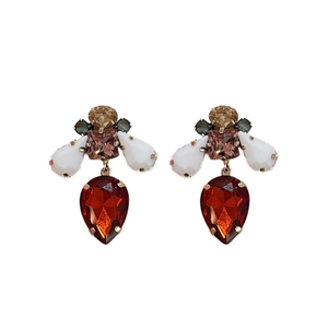 Vintage-style bee-inspired earrings with colorful crystals and deep red teardrop pendant
