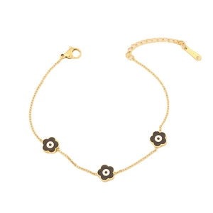 Spring style gold stainless steel bracelet with three sweet black floral charms