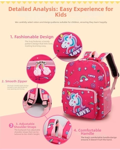 Detail view of pink unicorn kids backpack featuring rainbow zippers and breathable straps