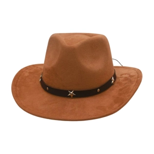 Brown faux suede western cowboy hat with silver star studs and wide brim on white background