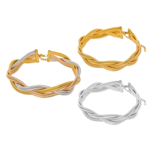 Braided metal choker necklace set in gold, silver, and tricolor finishes on white background