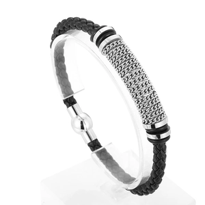 Bracelet pour homme en cuir tressé avec chaînes en acier inoxydable et fermoir magnétique