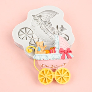 Baby stroller silicone cake mold with cute bear and stroller shaped fondant decorations