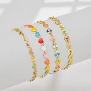 Women Stainless Steel Enamel Heart Moon Sun Flower Charm Bracelets Colorful Drip Oil Fashion Jewelry Adjustable Chain