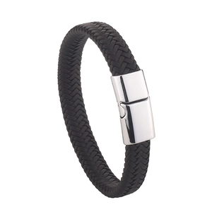 Men's woven black leather bracelet with silver magnetic metal clasp on white background