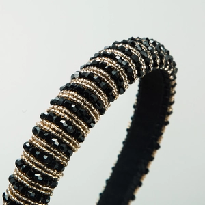 Baroque padded headband with handcrafted black crystals and gold beads on soft velvet