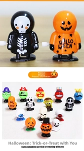Close-up of wind-up Halloween toys featuring pumpkin, skeleton, and ghost characters