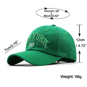 Green cotton NEW YORK embroidered baseball cap with size dimensions and specifications