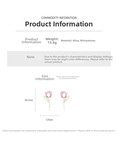 Detailed size specifications of pink and green rhinestone tulip earrings with dimensions