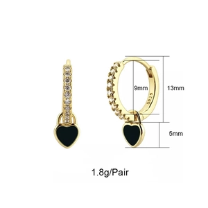 24K gold plated heart drop earrings with black enamel and white zircon stones