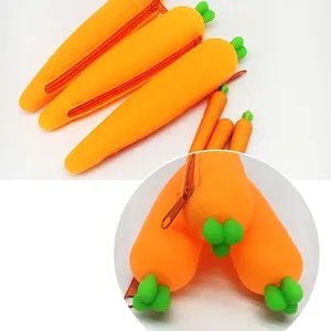 Creative carrot-shaped orange silicone pencil case with green leaf detail and zipper