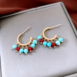 14K gold plated C-shaped earrings with turquoise and agate beads in vintage style
