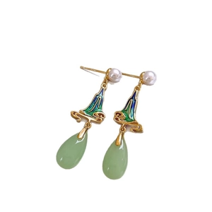 Vintage S925 silver needle pearl earrings with landscape enamel and green jade pendants