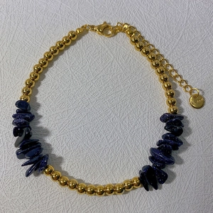 18k gold plated stainless steel bead bracelet with navy blue natural stone for women