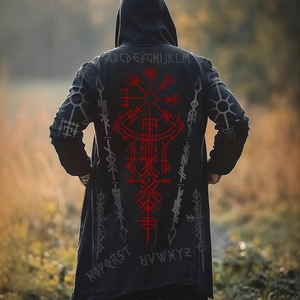Mens black hooded cloak featuring a red Viking Vegvisir compass print on the back