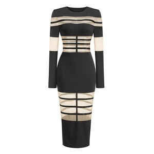 Detail of mesh paneling and sheer horizontal stripes on a black bodycon dress