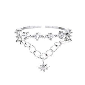 Double-layered silver star ring with sparkling zircon stones and star-shaped pendant charm