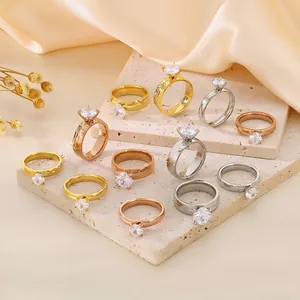 Solitaire Ring 316L Stainless Steel Zircon Gold Plated Simple Hammered Texture Fashion Jewelry For Women