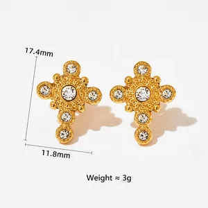 Vintage gold cross earrings with zircon stones and beaded edges, 17.4mm height