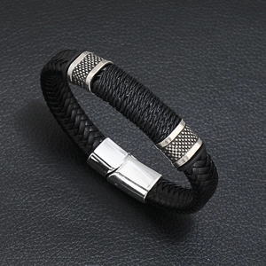 Men's punk braided black leather bracelet with silver magnetic metal clasp and accent rings