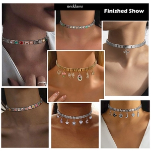 Detailed view of assorted Italian modular charm necklaces in gold and silver finishes