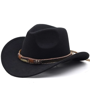 Western Cowboy Fedora Hat Felt Wide Brim With Metal Feather Ethnic Beaded Band Vintage Outdoor Unisex