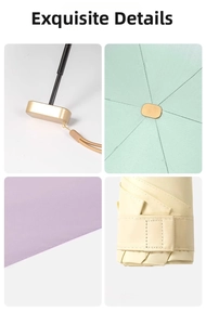 Close-up of champagne gold rectangular handles and colorful folding umbrella details
