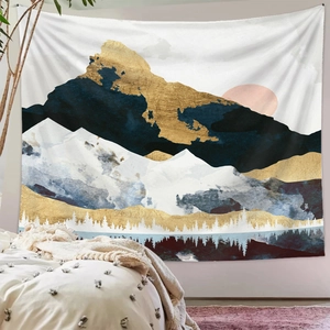 Detail of modern abstract mountain tapestry with golden peaks and misty pine forest