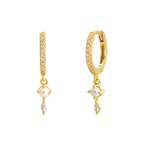 Dainty Hoop Drop Earrings With 925 Sterling Silver Earring Post And Round White Artificial Pearl Marquise Cubic Zirconia For Women