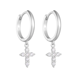 Detailed view of S925 sterling silver hoop earrings with diamond-set cross charms