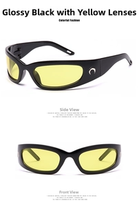 Close-up of retro sports sunglasses with bright black frame and silver crescent moon logo