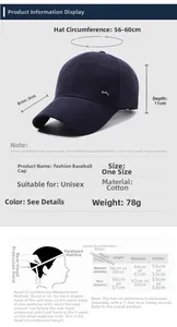 Size chart for cotton baseball cap showing 8cm brim, 11cm depth, and 56-60cm circumference