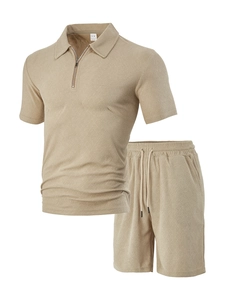 Detail view of khaki towel jacquard knit fabric on polo shirt and shorts set