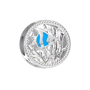 Detailed silver tropical fish charm with blue enamel and zircon for beaded bracelets