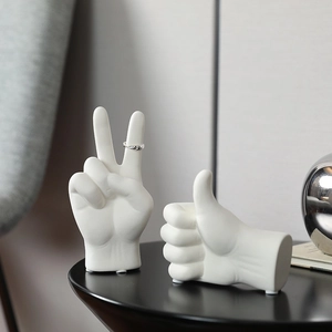 Minimalist matte white ceramic hand sculpture decor set with ring holder functionality