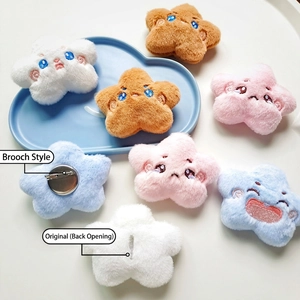 Cute plush star accessories with embroidered expressions shown in multiple colors and styles