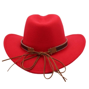 Close-up of red western cowboy hat with woven leather band and tassel detail