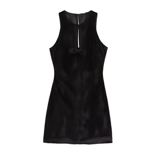 Vestido Mini Sin Mangas De Terciopelo Con Decoración De Lazo Hueco Elegante Vestido De Fiesta Negro Para Mujer