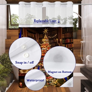 Detail of Christmas library shower curtain with snap-in liner and magnetic weighted hem
