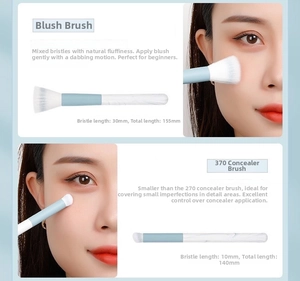Detail of stippling blush brush and concealer brush with exact size measurements