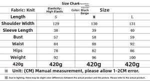 Guide des tailles pour robe longue en maille avec mesures détaillées en centimètres