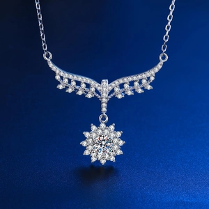 Macro detail of 925 sterling silver sunflower pendant with shimmering moissanite crystals