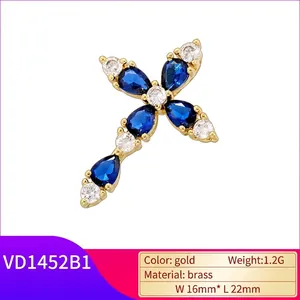 18K gold plated brass cross pendant with blue pear-shaped crystals for jewelry necklaces