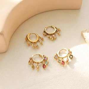 Elegant gold plated hoop earrings with colorful gemstones and clear cubic zirconia accents