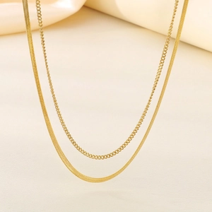 Double Layered Necklace Stainless Steel Flat Snake Herringbone Link Chain Minimalism Trendy Jewelry Women
