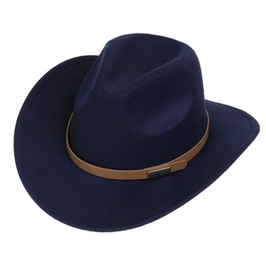 Macro detail of navy wool felt fedora with brown leather strap and silver buckle