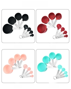 Measuring cup and spoon set in four colors with stainless steel handles and engraved scales