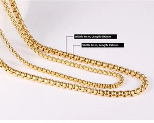 Detail of 3mm and 4mm gold box chains in polished stainless steel for men
