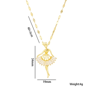 Golden titanium steel ballet dancer necklace with micro-paved cubic zirconia stones